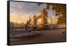 View of Tower Bridge, Girl with Dolphin, The Shard and River Thames at sunrise, London-Frank Fell-Framed Stretched Canvas