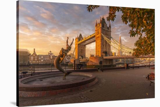 View of Tower Bridge, Girl with Dolphin, The Shard and River Thames at sunrise, London-Frank Fell-Stretched Canvas