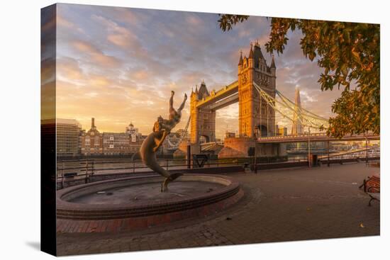 View of Tower Bridge, Girl with Dolphin, The Shard and River Thames at sunrise, London-Frank Fell-Stretched Canvas