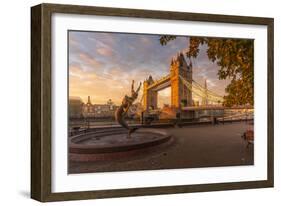 View of Tower Bridge, Girl with Dolphin, The Shard and River Thames at sunrise, London-Frank Fell-Framed Photographic Print