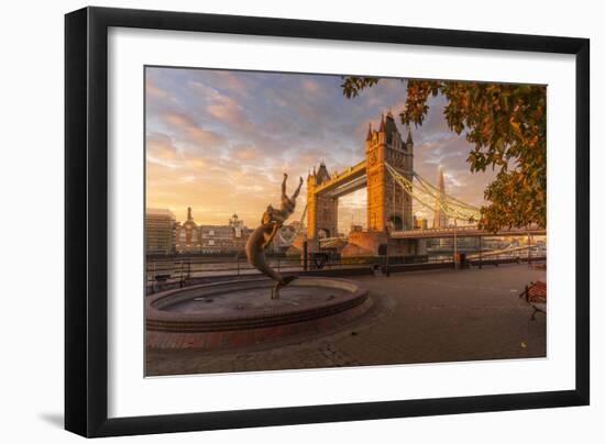 View of Tower Bridge, Girl with Dolphin, The Shard and River Thames at sunrise, London-Frank Fell-Framed Photographic Print