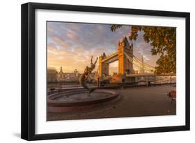 View of Tower Bridge, Girl with Dolphin, The Shard and River Thames at sunrise, London-Frank Fell-Framed Photographic Print