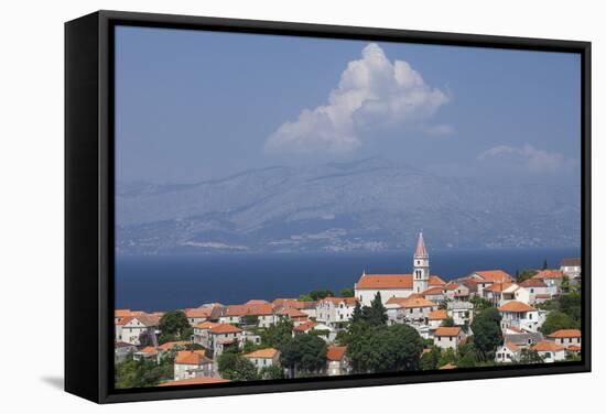 View of Town with Mainland in Background, Postira, Brac Island, Dalmatian Coast, Croatia, Europe-John Miller-Framed Stretched Canvas