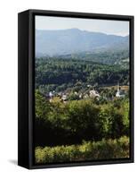 View of Town with Mountain, Stowe, Vermont, USA-Walter Bibikow-Framed Stretched Canvas