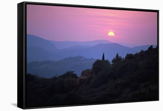 View of Tuscan Hill Top Town with Setting Sun, Tuscany, Italy, Europe-John-Framed Stretched Canvas