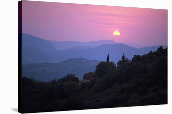 View of Tuscan Hill Top Town with Setting Sun, Tuscany, Italy, Europe-John-Stretched Canvas