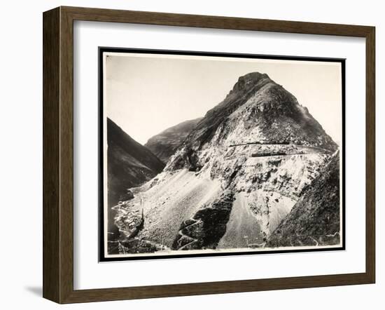 View of Two Railroad Trains on Tracks Along a Mountain, Presumably on or Near the Panama Canal,…-Byron Company-Framed Giclee Print