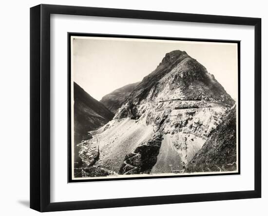 View of Two Railroad Trains on Tracks Along a Mountain, Presumably on or Near the Panama Canal,…-Byron Company-Framed Giclee Print