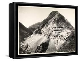 View of Two Railroad Trains on Tracks Along a Mountain, Presumably on or Near the Panama Canal,…-Byron Company-Framed Stretched Canvas