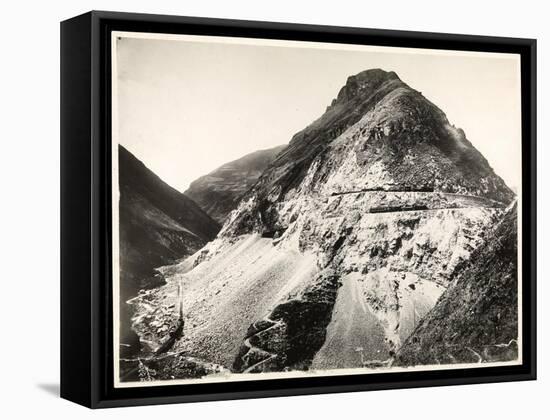 View of Two Railroad Trains on Tracks Along a Mountain, Presumably on or Near the Panama Canal,…-Byron Company-Framed Stretched Canvas