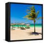 View of Varadero Beach in Cuba with a Coconut Tree, Umbrellas and a Beautiful Turquoise Ocean-Kamira-Framed Stretched Canvas