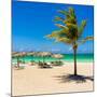 View of Varadero Beach in Cuba with a Coconut Tree, Umbrellas and a Beautiful Turquoise Ocean-Kamira-Mounted Photographic Print