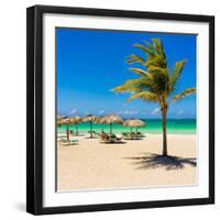 View of Varadero Beach in Cuba with a Coconut Tree, Umbrellas and a Beautiful Turquoise Ocean-Kamira-Framed Photographic Print