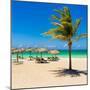 View of Varadero Beach in Cuba with a Coconut Tree, Umbrellas and a Beautiful Turquoise Ocean-Kamira-Mounted Photographic Print