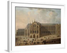 View of Westminster Abbey with Figures in the Foreground, English School, circa 1725-null-Framed Giclee Print