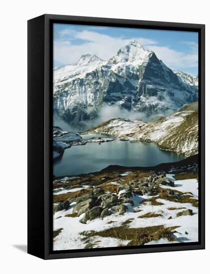 View of Wetterhorn Mountain and Bachsee Lake, Bernese Alps, Grindelwald, Switzerland-Scott T. Smith-Framed Stretched Canvas