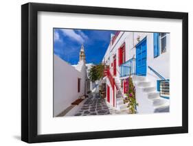 View of whitewashed cobbled street, Mykonos Town, Mykonos, Cyclades Islands, Aegean Sea-Frank Fell-Framed Photographic Print