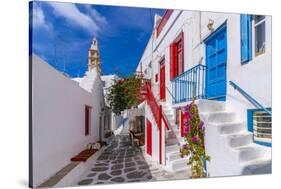 View of whitewashed cobbled street, Mykonos Town, Mykonos, Cyclades Islands, Aegean Sea-Frank Fell-Stretched Canvas