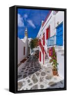 View of whitewashed cobbled street, Mykonos Town, Mykonos, Cyclades Islands, Aegean Sea-Frank Fell-Framed Stretched Canvas