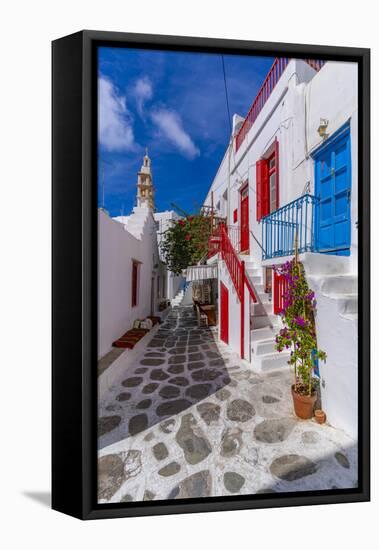 View of whitewashed cobbled street, Mykonos Town, Mykonos, Cyclades Islands, Aegean Sea-Frank Fell-Framed Stretched Canvas