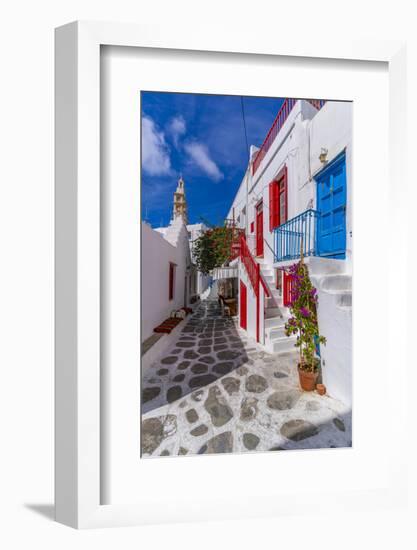 View of whitewashed cobbled street, Mykonos Town, Mykonos, Cyclades Islands, Aegean Sea-Frank Fell-Framed Photographic Print