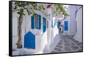 View of whitewashed narrow street, Mykonos Town, Mykonos, Cyclades Islands, Aegean Sea-Frank Fell-Framed Stretched Canvas