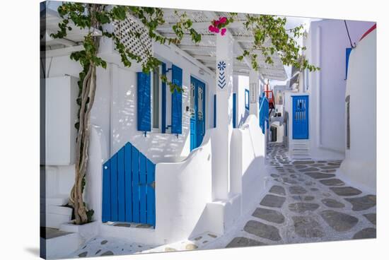 View of whitewashed narrow street, Mykonos Town, Mykonos, Cyclades Islands, Aegean Sea-Frank Fell-Stretched Canvas