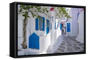 View of whitewashed narrow street, Mykonos Town, Mykonos, Cyclades Islands, Aegean Sea-Frank Fell-Framed Stretched Canvas