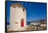 View of whitewashed windmill overlooking town, Mykonos Town, Mykonos, Cyclades Islands, Aegean Sea-Frank Fell-Framed Stretched Canvas