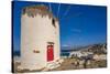 View of whitewashed windmill overlooking town, Mykonos Town, Mykonos, Cyclades Islands, Aegean Sea-Frank Fell-Stretched Canvas