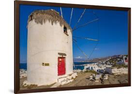 View of whitewashed windmill overlooking town, Mykonos Town, Mykonos, Cyclades Islands, Aegean Sea-Frank Fell-Framed Photographic Print