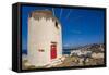 View of whitewashed windmill overlooking town, Mykonos Town, Mykonos, Cyclades Islands, Aegean Sea-Frank Fell-Framed Stretched Canvas