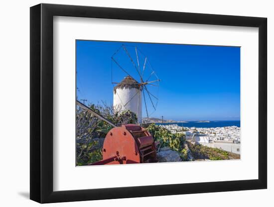 View of whitewashed windmill overlooking town, Mykonos Town, Mykonos, Cyclades Islands, Aegean Sea-Frank Fell-Framed Photographic Print