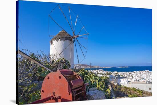 View of whitewashed windmill overlooking town, Mykonos Town, Mykonos, Cyclades Islands, Aegean Sea-Frank Fell-Stretched Canvas