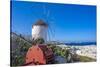 View of whitewashed windmill overlooking town, Mykonos Town, Mykonos, Cyclades Islands, Aegean Sea-Frank Fell-Stretched Canvas