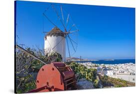 View of whitewashed windmill overlooking town, Mykonos Town, Mykonos, Cyclades Islands, Aegean Sea-Frank Fell-Stretched Canvas