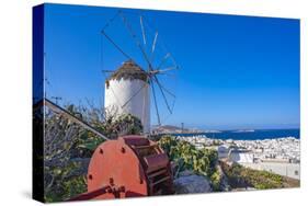 View of whitewashed windmill overlooking town, Mykonos Town, Mykonos, Cyclades Islands, Aegean Sea-Frank Fell-Stretched Canvas