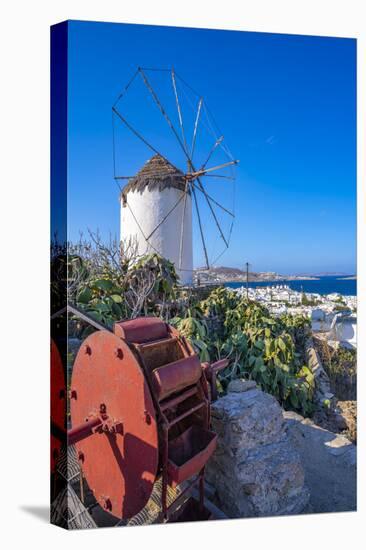 View of whitewashed windmill overlooking town, Mykonos Town, Mykonos, Cyclades Islands, Aegean Sea-Frank Fell-Stretched Canvas