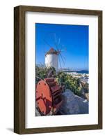 View of whitewashed windmill overlooking town, Mykonos Town, Mykonos, Cyclades Islands, Aegean Sea-Frank Fell-Framed Photographic Print