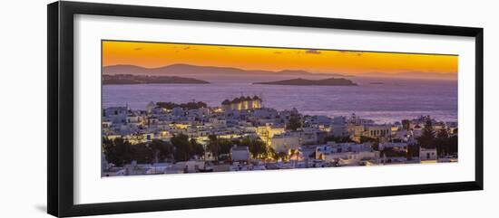 View of windmills and Aegean Sea from elevated position at sunset, Mykonos Town-Frank Fell-Framed Photographic Print