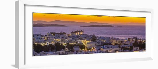 View of windmills and Aegean Sea from elevated position at sunset, Mykonos Town-Frank Fell-Framed Photographic Print