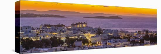 View of windmills and Aegean Sea from elevated position at sunset, Mykonos Town-Frank Fell-Stretched Canvas