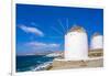 View of windmills and town in background, Mykonos Town, Mykonos, Cyclades Islands, Aegean Sea-Frank Fell-Framed Photographic Print