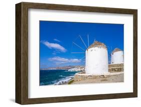 View of windmills and town in background, Mykonos Town, Mykonos, Cyclades Islands, Aegean Sea-Frank Fell-Framed Photographic Print