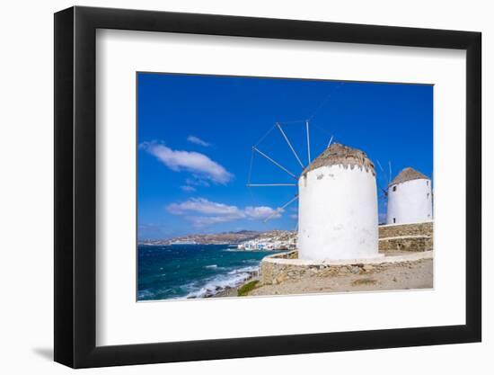 View of windmills and town in background, Mykonos Town, Mykonos, Cyclades Islands, Aegean Sea-Frank Fell-Framed Photographic Print