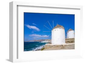 View of windmills and town in background, Mykonos Town, Mykonos, Cyclades Islands, Aegean Sea-Frank Fell-Framed Photographic Print