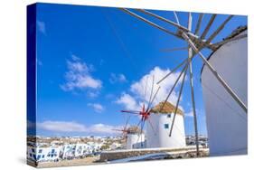 View of windmills and town in background, Mykonos Town, Mykonos, Cyclades Islands, Aegean Sea-Frank Fell-Stretched Canvas