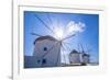 View of windmills, Mykonos Town, Mykonos, Cyclades Islands, Greek Islands, Aegean Sea, Greece-Frank Fell-Framed Photographic Print