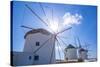 View of windmills, Mykonos Town, Mykonos, Cyclades Islands, Greek Islands, Aegean Sea, Greece-Frank Fell-Stretched Canvas