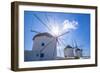 View of windmills, Mykonos Town, Mykonos, Cyclades Islands, Greek Islands, Aegean Sea, Greece-Frank Fell-Framed Photographic Print